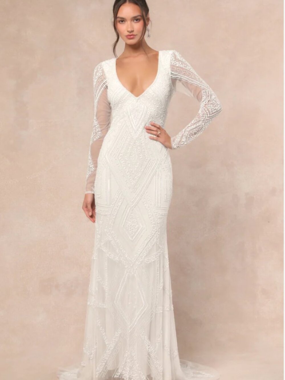 NWT Lulus Deedra White Sequin Beaded Backless Maxi Dress Large